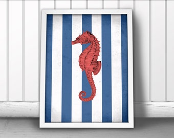 Nautical Seahorse Art Print, Seahorse Nautical Art Print, Nautical Art, Ocean Sea Art Print, Nautical Art Seahorse Poster, Nautical Stripes