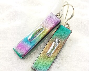 Pastel dichroic glass earrings, fused glass jewelry, artistic earrings, unusual jewelry, rainbow earrings, handmade jewelry, glass fusion
