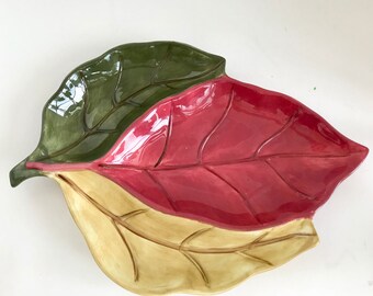 Home Trends Large Red, Yellow and Green Ceramic 16" Leaf Serving Dish