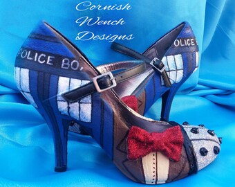 Custom made Dr. Who Inspired Heels, 'THE DR' Tardis, Dalek