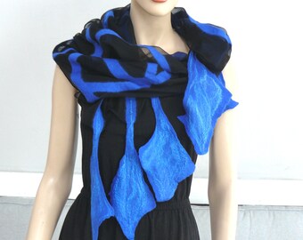 Nuno Felted Scarf merino wool silk Nuno felting shawl Black and blue
