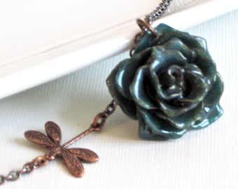 Real Rose Necklace - Blue, Natural Preserved, Dragonfly, Copper, Flower Jewelry