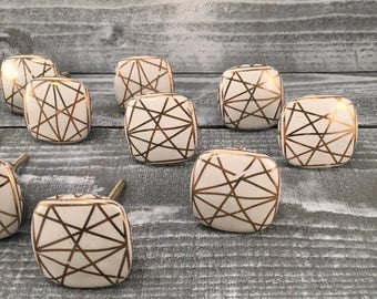 SALE! Clearance READ Notes! As Is - Knobs, Cubed Ceramic Knob Hand Painted Drawer Pulls Gold & Antique White, Knob, Item #506822303