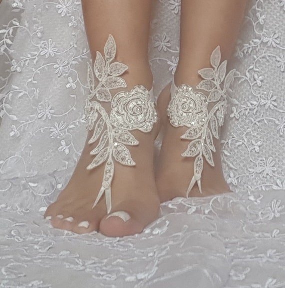 ivory Barefoot Sandals french lace Nude shoes Gothic wedding sandals beaded pearl beach wedding shoe bridal shoes
