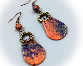 Earrings, polymer clay, blue and orange, ethnic style.