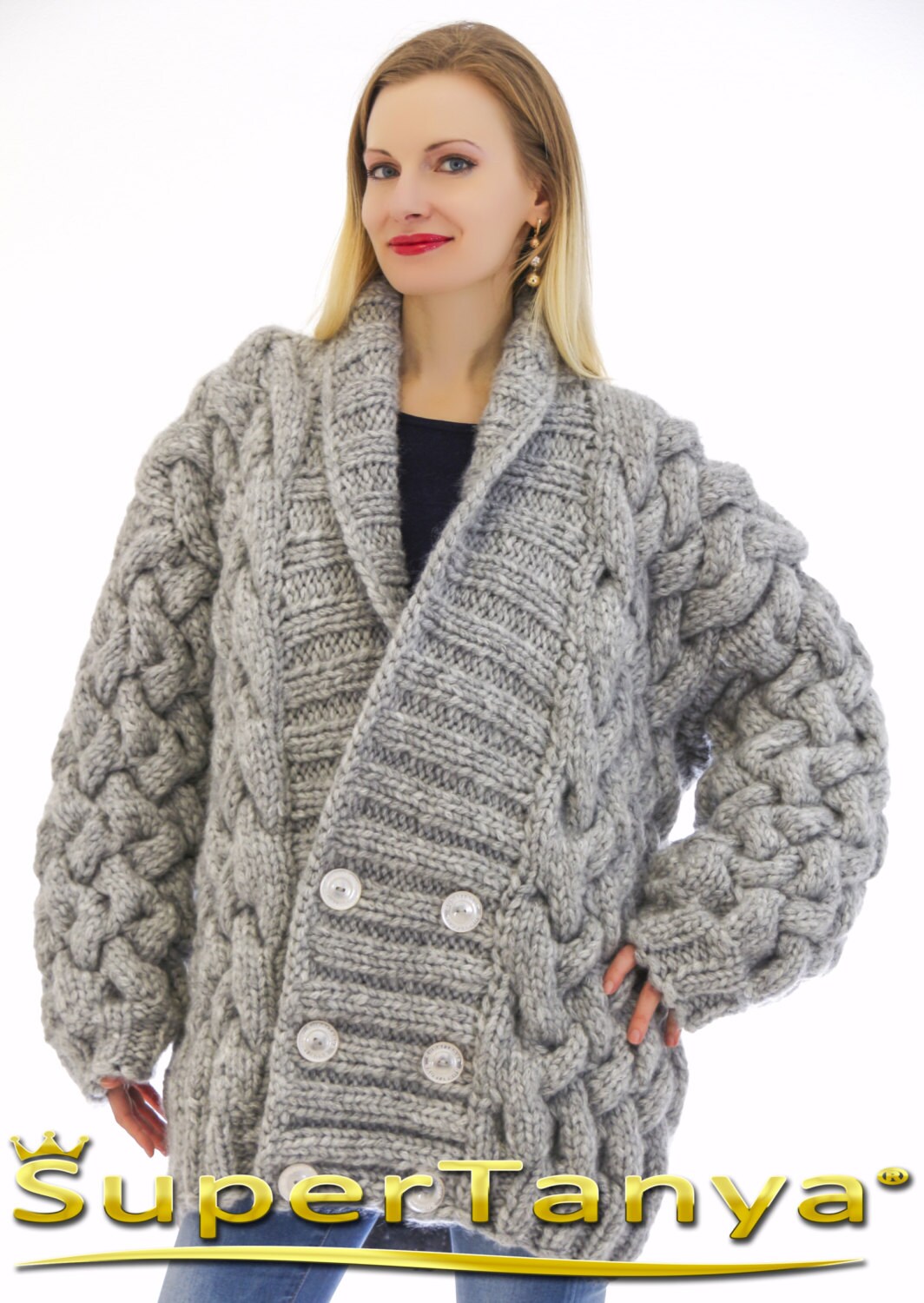 Made to order hand knitted mohair wool cardigan in grey thick