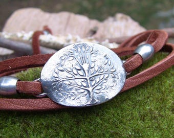 Leather Wrap Bracelet, Tree of Life Bracelet, Silver Tree Bracelet, Botanical Bracelet, Wrap Bracelet, Brown Wrap Bracelet