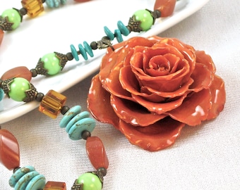 Large Real Rose Necklace - Orange Rose, Turquoise Necklace, Real Flower Jewelry, Nature Jewelry, Statement Necklace, Southwest Colors
