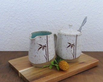 Sugar and Creamer Set - Handmade Stoneware Ceramic Pottery - White and Blue Celadon - Bamboo - 10 ounce