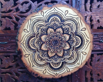 8" Wood Burned Mandala Slice - Handmade Wall Hanging, Sacred Geometry Art, Bohemian Wall Art