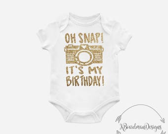 Oh Snap Its My Birthday Camera Grey Black One Piece Bodysuit Creeper, Unisex Kid's Clothing, Baby, Funny, White, Cute, Glitter. Toddler