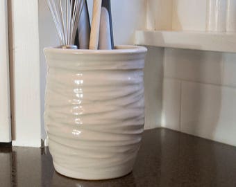 Utensil Holder, Pottery Vase, Wine Chiller - Eggshell White Textured