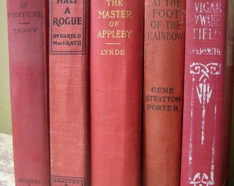 Sale, Set of Five Vintage Book Stack, Antique Red Book Bundle, Wedding Decor Movie Prop, Early 1900s Bundled Red Books, Five Book Stack Lot
