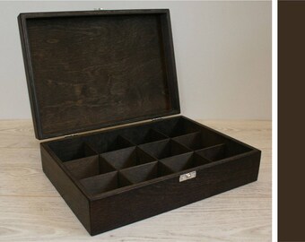 12 Compartments Wooden Tea Box / Dark Brown Box / Storage Box / Jewelry Box / Keepsake Box / Personalized Box Option / Favour Box