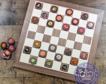 Bottle Cap Checkers - Wooden Checkerboard with Bottle Cap Tokens Checkers Board with Laser Cut Beer Cap Checkers Pieces Bottle Cap Draughts