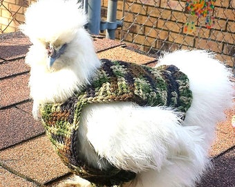 Camo chicken sweater, chicken sweaters, hen saddles, battery hen jumper