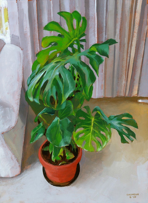 Monsteras Plant Still Life 14x19 Original Acrylic Painting