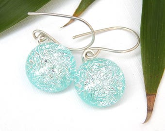 Baby Blue and Silver Dichroic Glass Dangle Earrings on Sterling Silver Earwires, Fused Glass Jewelry, Sky Blue Art Glass Drop Earrings