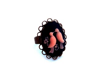 Pink bird cameo ring