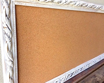 Narrow CORK BOARD Wall Organizer Framed Pinboard Distressed White Kitchen Corkboard Framed Pinboard Message Board Farmhouse French Country