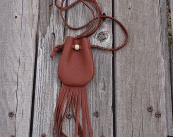 Leather amulet bags with fringe , Leather necklace bag with fringe , Ready to ship leather medicine bag , Leather crystal bag