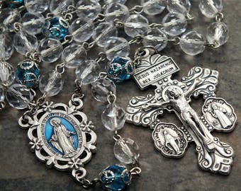 Czech Glass Rosary in Clear and Aqua, Miraculous Medal Rosary, Mary Rosary, Pardon Crucifix, 5 Decade Rosary, Catholic Rosary