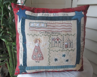 Patriotic Pillow -Patriotic Americana Sampler - Hand Embroidered Decorative Pillow - Americana Room Decor - Farmhouse Room Accent - Country