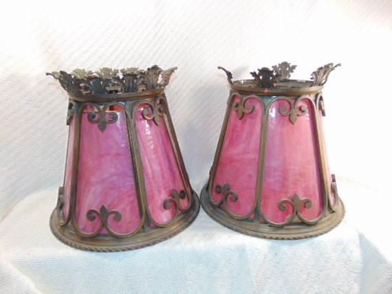 Set Of 2 Antique Pink Stained Slag Glass Chandelier Light