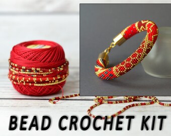 Bead crochet kit bracelet, jewelry making kit, diy bracelet kit, red beaded bracelet, kit to make bracelet, beading kit, do it yourself kit