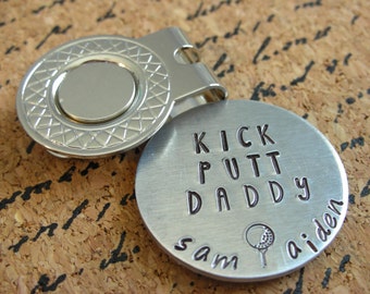 Personalized Golf Ball Marker-Magnetic Golf Ball Marker-Hand Stamped Golf Ball Marker with Hat Clip-Kick Putt Dad-Gift for Golfer