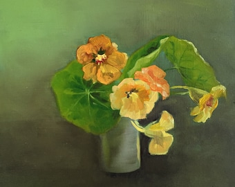 Nasturtiums I, Oil painting on mdf panel, 20x20cm