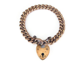 Victorian Heart Lock Curb Chain Bracelet - Sweetheart Bracelet, Gold Chain, Yellow Gold, Vintage Bracelet, Antique Jewelry