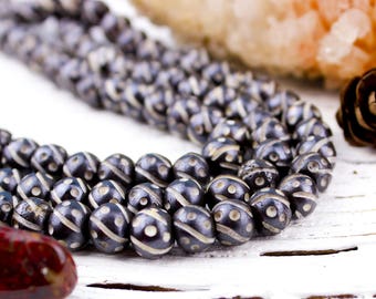 Natural Black Bone 8mm Carved Round Beads, Black and White, 15 Beads, P18, Rustic Boho Primitive Tribal Beads