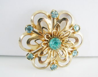 Vintage gold flower brooch with aqua blue rhinestones (G3)