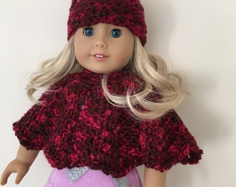 18 inch doll outfit, doll clothes, doll hat, doll poncho, American Girl, Gotz Precious day, doll outfit, toy, doll, red multicoloured yarn,