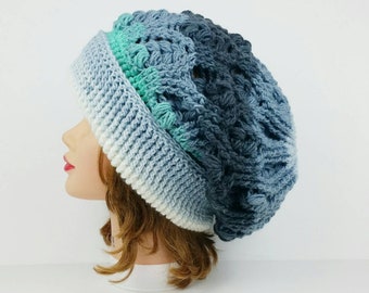 Crochet Slouchy Hat, Beanie Hat, Crochet Hat Women, Folded Brim Hat, Women's Hat, White Green Gray Hat, Women's Crochet Hat, Slouchy Beanie