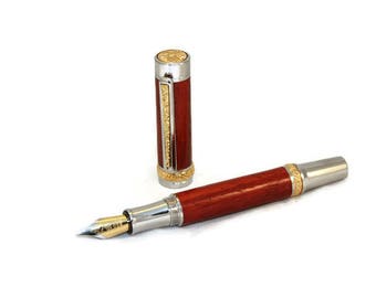 Wooden Fountain Pen Handmade from African Paduak Wood With Gold Titanium & Rhodium Fittings. #9