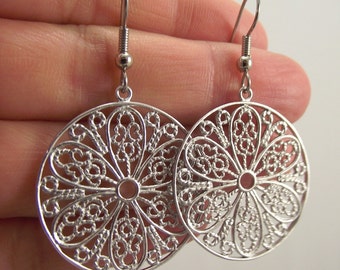 Silver Filigree Medallion Earrings, Round Silver Earrings, Ornate Round Earrings, Gift for Women, Gift under 25, Christmas Gift, Hannukkah