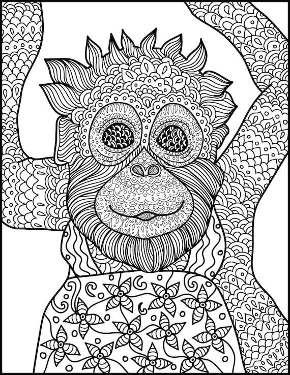 Animal Coloring Page: Monkey Printable Adult Coloring Page