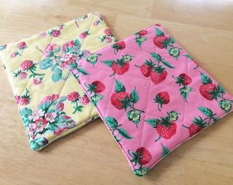 Quilted Potholders, Strawberry Fruity Kitchen Decor, Pink and Yellow Hotpads, Colorful Potholders, Pink Kitchen Pot Holder, Yellow Hot Pad