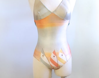 Summer sailing adventures | 1970s pastel scenic swimsuit | 70s vintage bathing suit