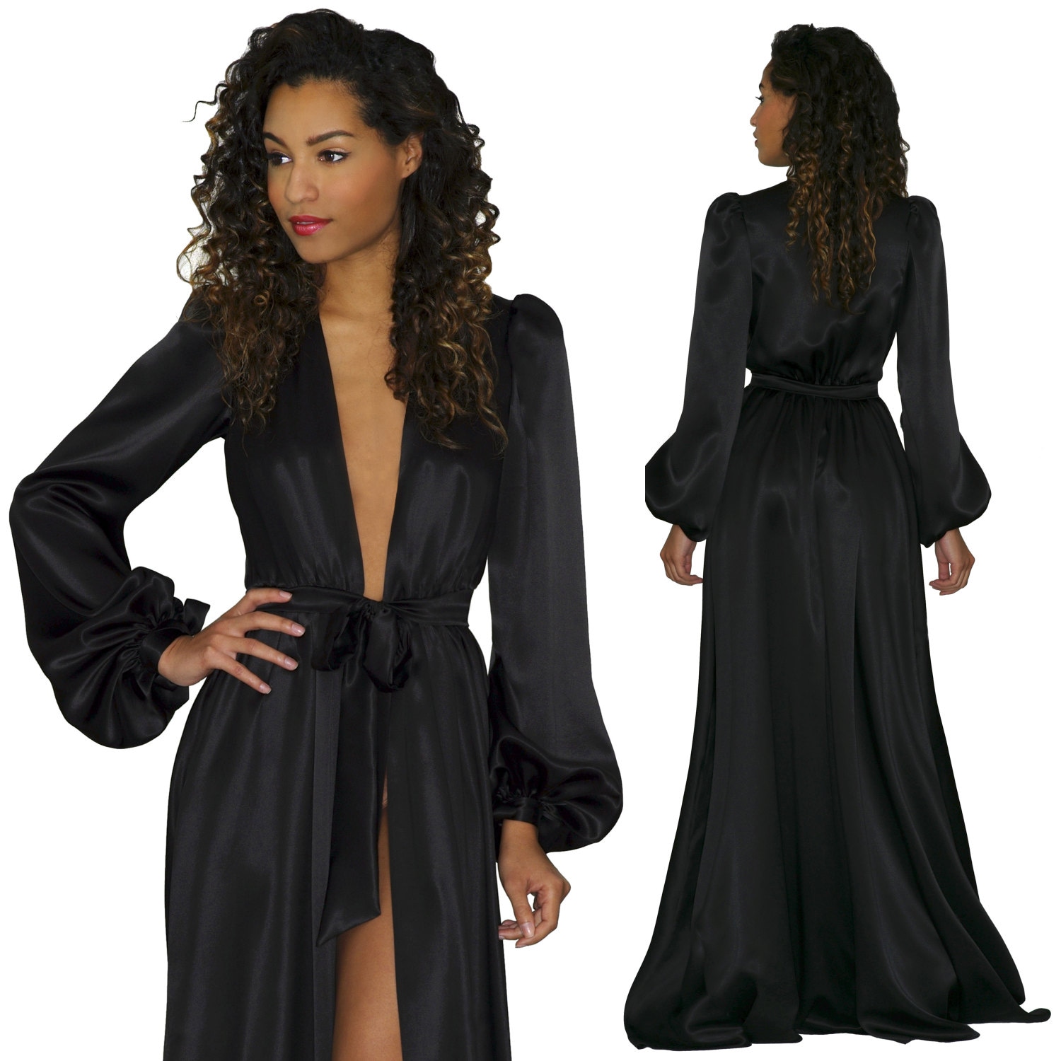 Simone Robe In Black Silk Charmeuse Satin  Floor Length Robes, Long