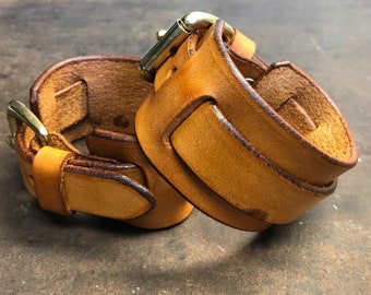 Brown leather wrist cuff bracelet