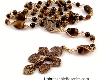 Bronze Tiger Eye Virgin of Sorrows Rosary Beads w 3-Way Pardon crucifix by Unbreakable Rosaries