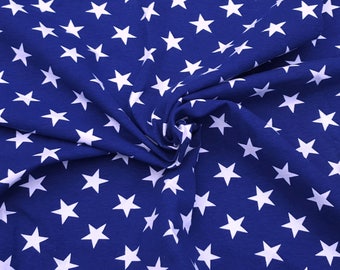 Combed Cotton Lycra White Stars on Blue Fabric Jersey Knit by Yard 4 Way Stretch 9/17