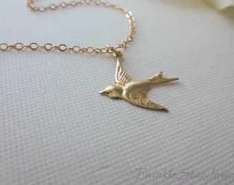 GOLD Bird Necklace 14K GOLD Filled Chain Necklace-Flying Bird Necklace-Swallow Bird Necklace-Everyday Necklace-Bird jewelry Perfect Gift