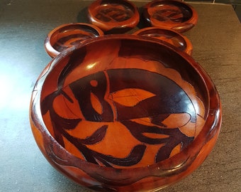 Vintage Hand Carved / Wood Salad Bowl Set / 5 piece