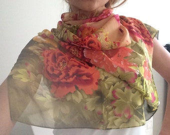 Long Floral Chiffon Scarf