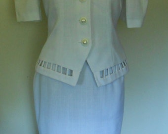 Vintage 80s by Leslie Lucks White Women's Wedding Mother of Bride Dress Suit Size 10