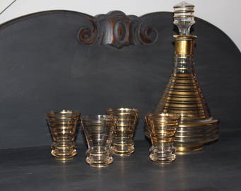 vintage glass carafe and 4 shot glasses, vintage glass, shot glasses